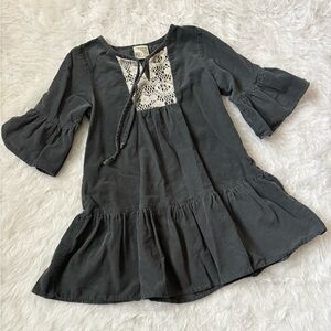 Charming Charcoal Corduroy Kids Dress with Lace Detail